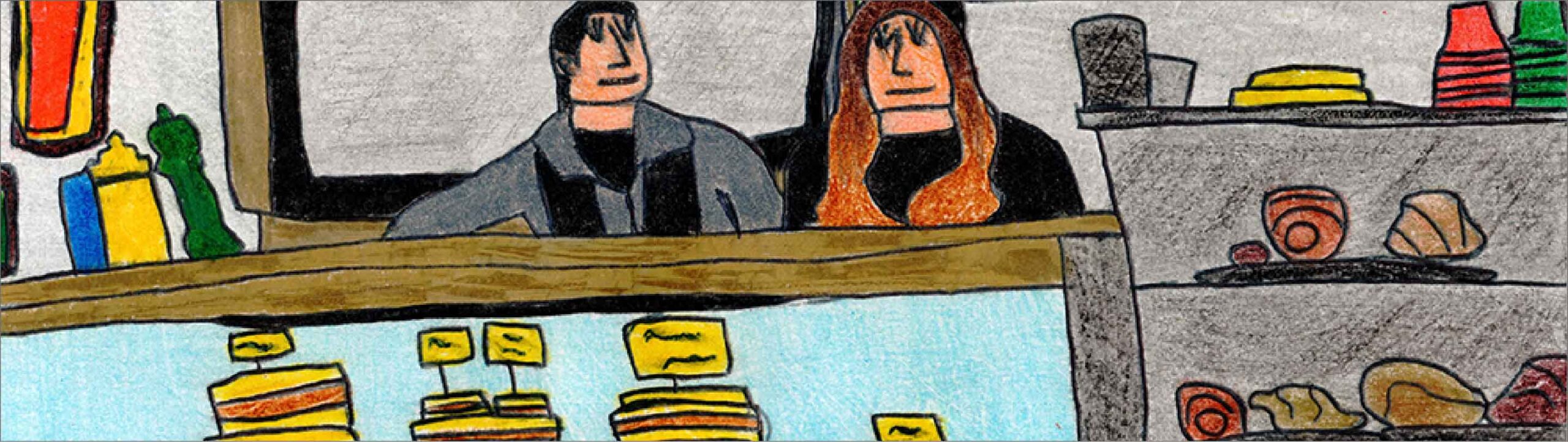 Disegno a mano delle proprietarie del Bar Schiavoni dentro al loro locale