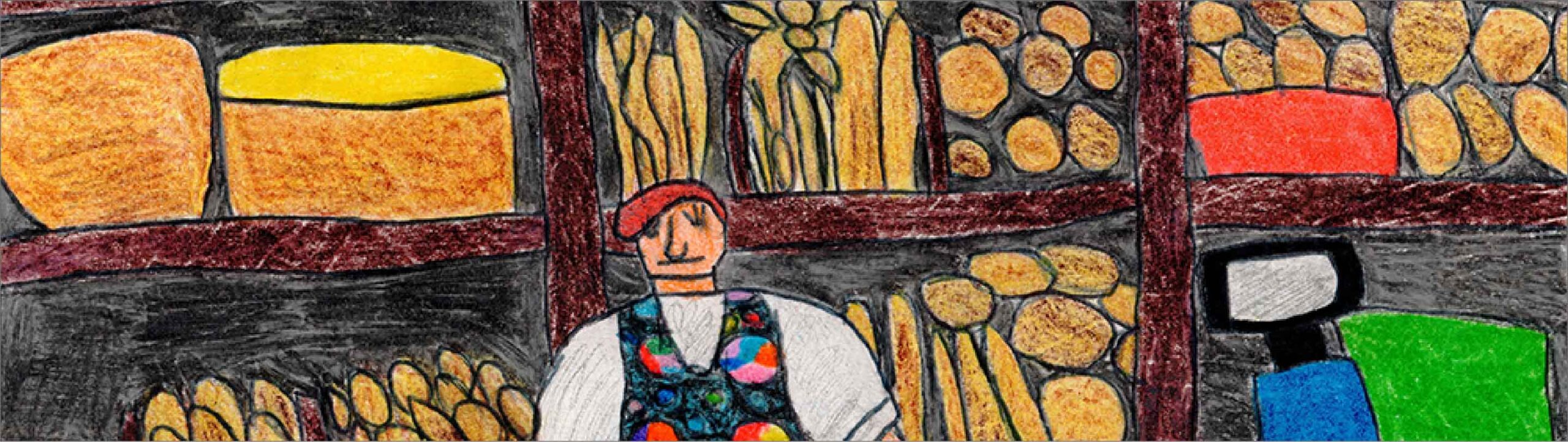 Disegno a mano della proprietaria del Forno Gallone dentro al suo negozio