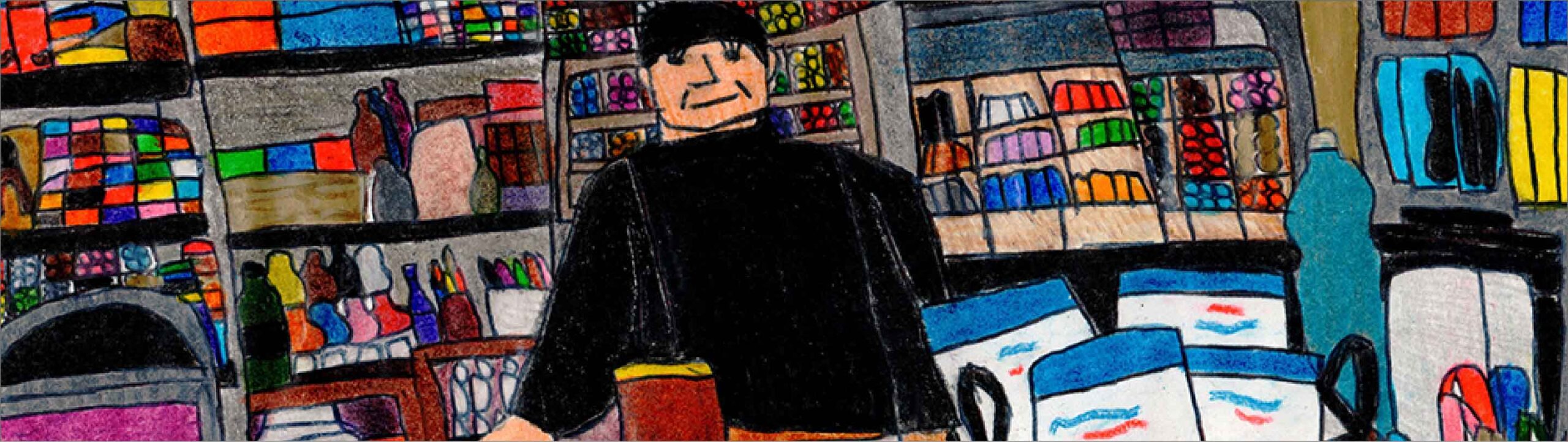 Disegno a mano della proprietaria della Cartoleria Barbieri dentro al suo negozio