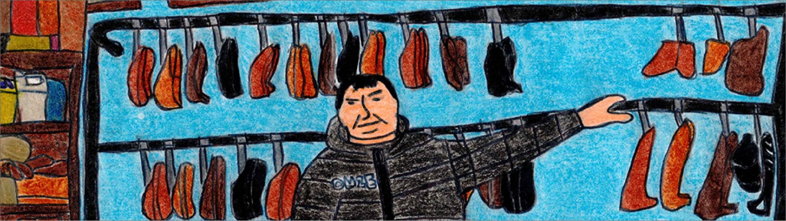 Disegno a mano del proprietario della Calzoleria Pezzuto dentro al suo negozio