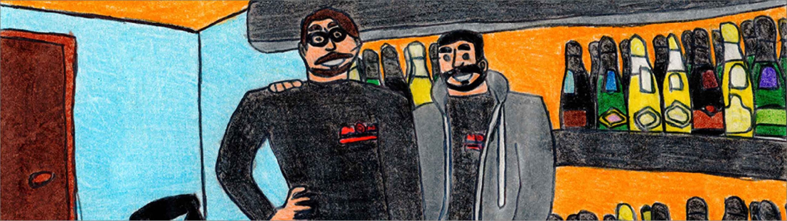 Disegno a mano di due dei proprietari del Bar Manà dentro al loro locale