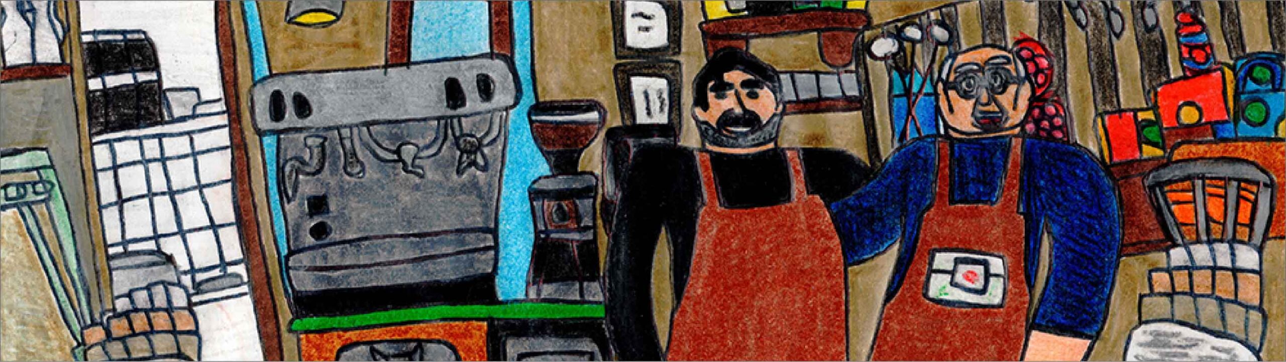 Disegno a mano dei proprietari del Bar Manifattura dentro al loro locale