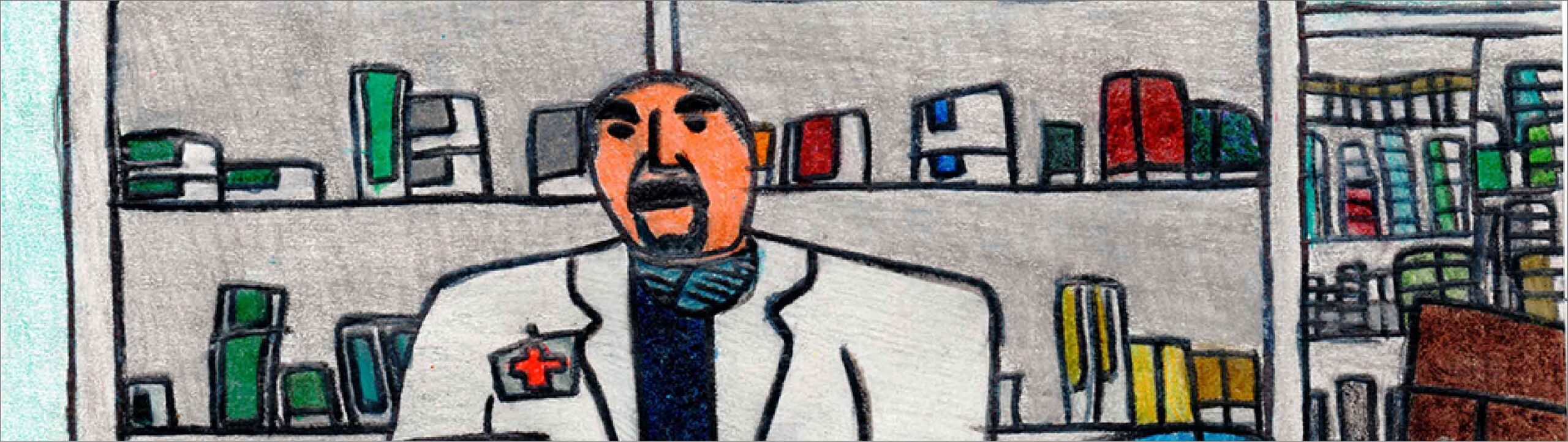 Disegno a mano del proprietario della Farmacia San Giuseppe dentro al suo locale