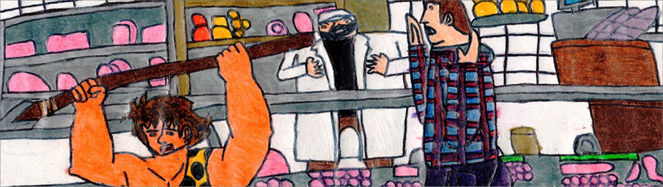 Disegno della salumeria Andrea Prandini con il suo proprietario e Ryù, il ragazzo delle caverne