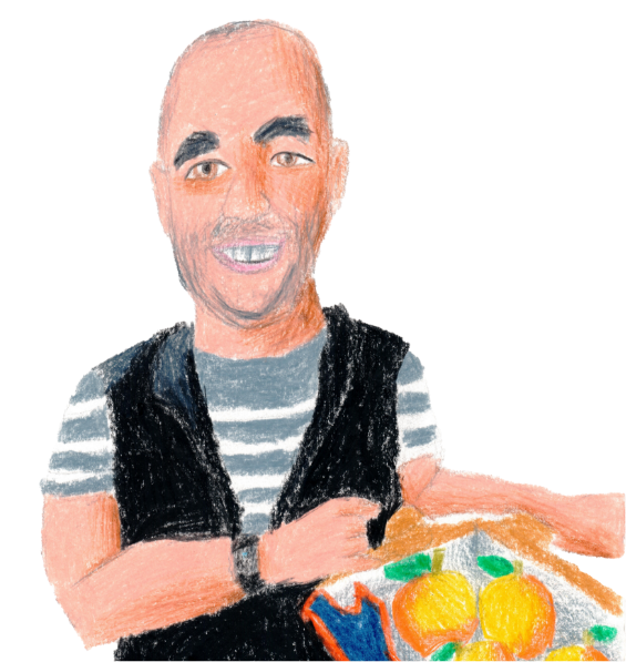 Disegno a mano del proprietario dell'Ortofrutta il Cesto