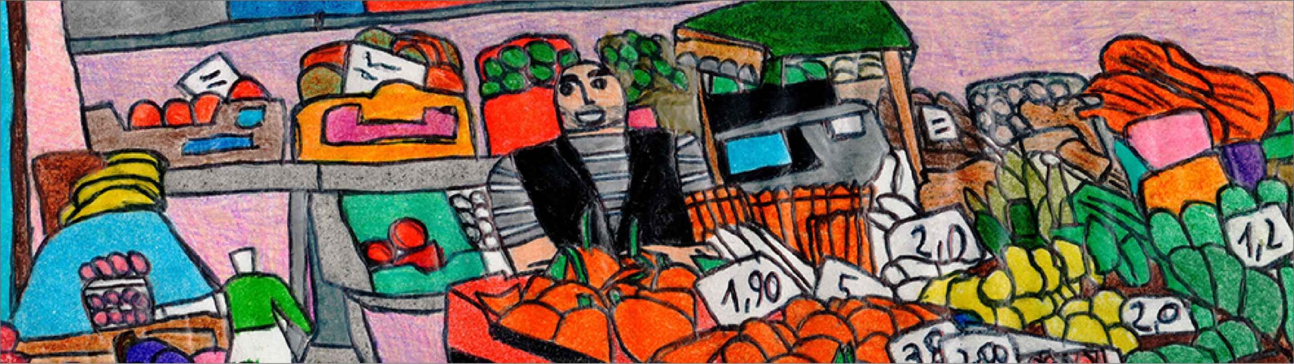 Disegno a mano del proprietario dell'Ortofrutta il Cesto dietro il banco