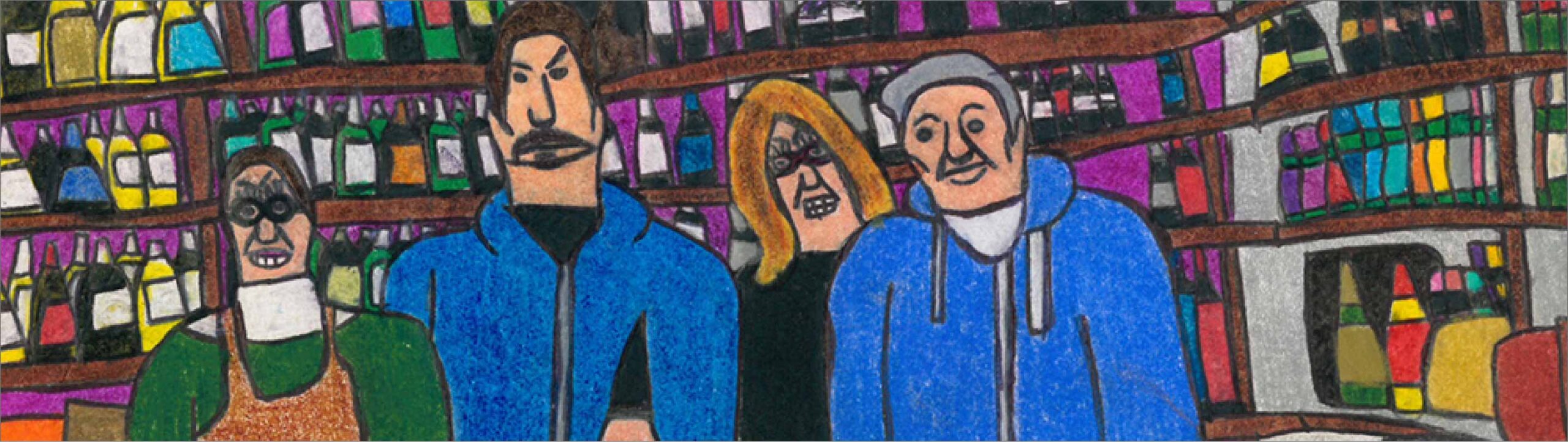 Disegno a mano dei quattro proprietari dell'enoteca Guinot dentro al loro locale