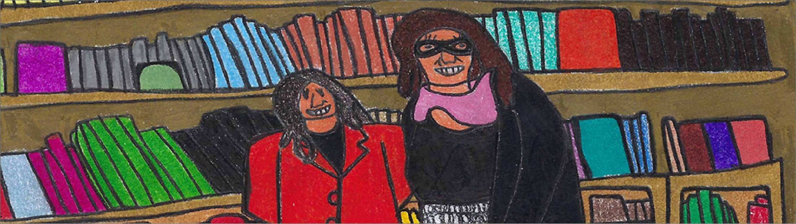 Disegno a mano delle due proprietarie della Libreria San Paolo dentro al loro negozio