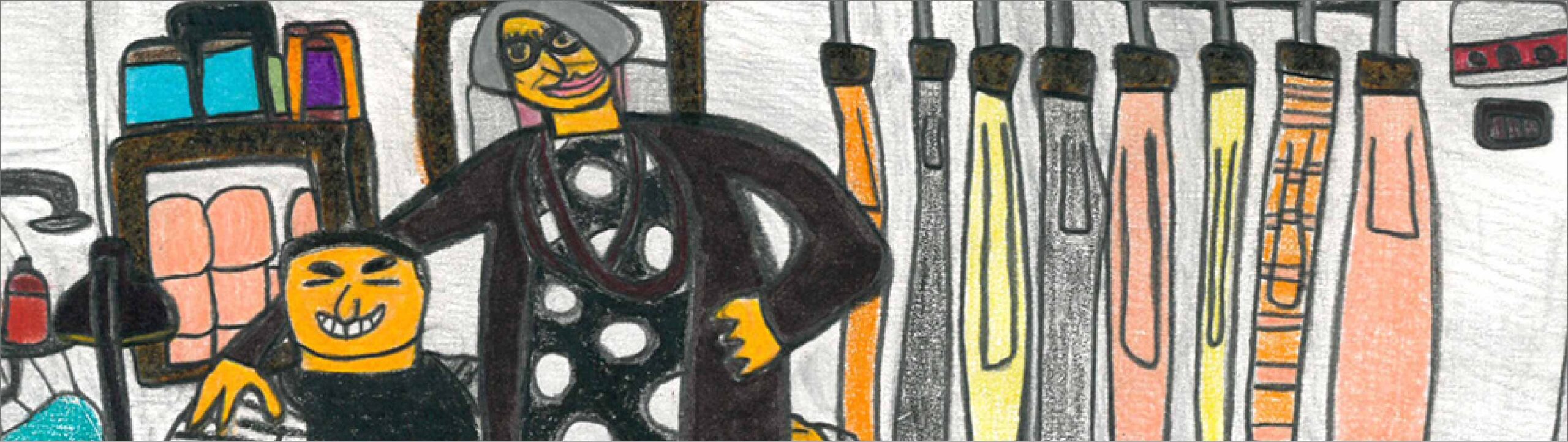 Disegno a mano dei proprietari di Oronero dentro al loro negozio