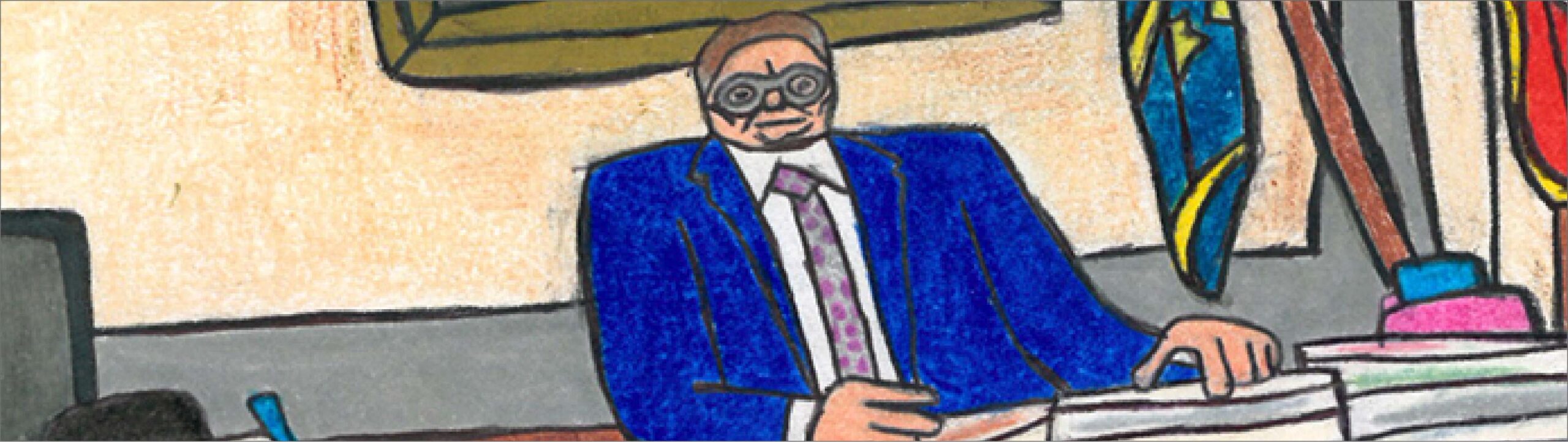 Disegno a mano del Sindaco Muzzarelli seduto alla sua scrivania